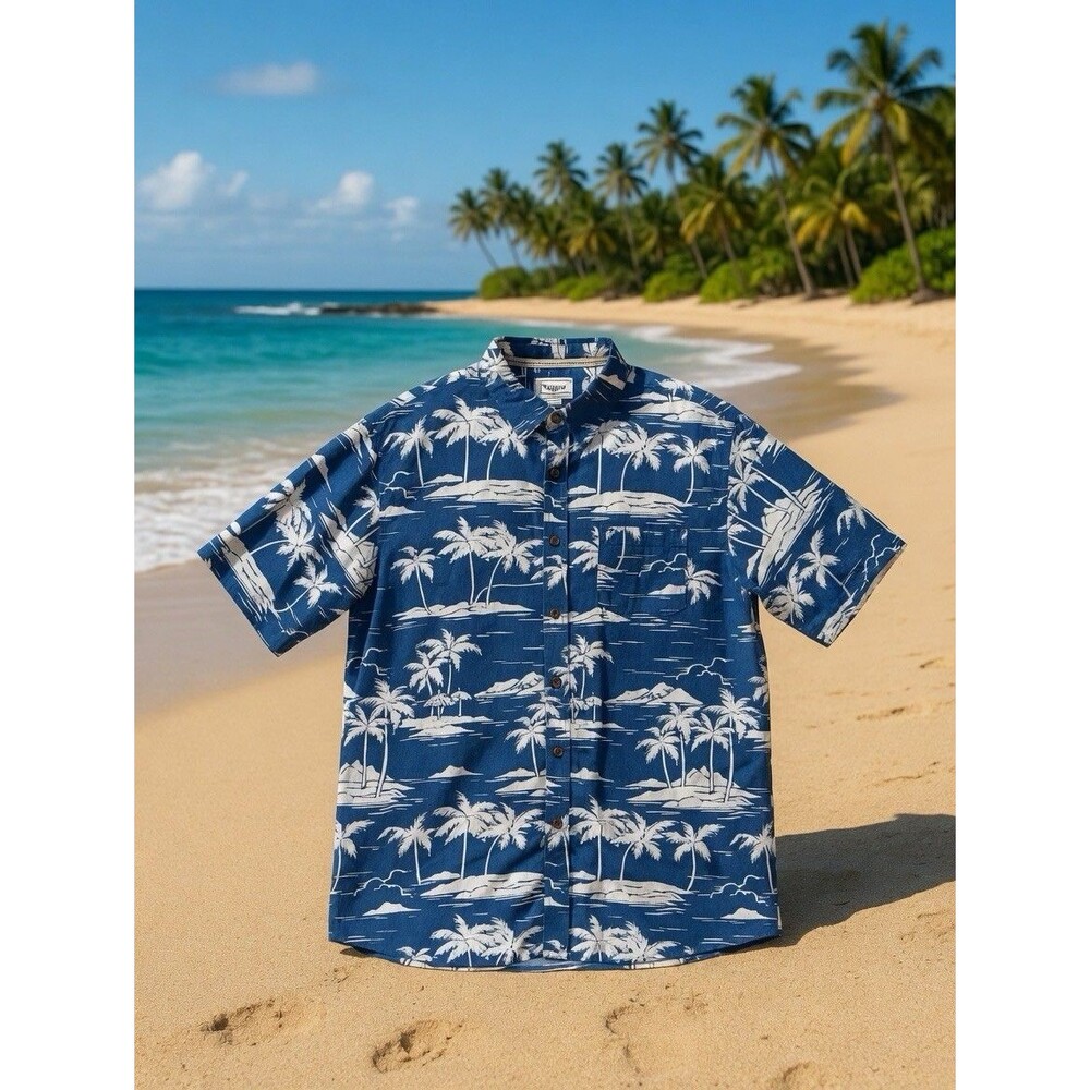 Linen Blend Honolua Hawaiian Shirt Men’s 2XL Blue Floral Resort Vacation
